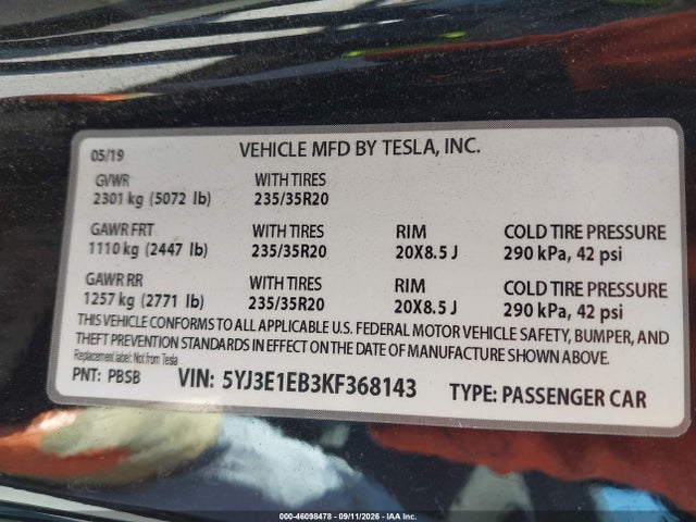 2019 TESLA MODEL 3 LONG RANGE/PERFORMANCE 9