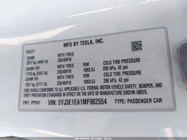 2021 TESLA MODEL 3 STANDARD RANGE PLUS REAR-WHEEL DRIVE 9