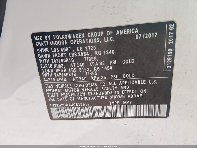 2018 VOLKSWAGEN ATLAS 3.6L V6 SE 9