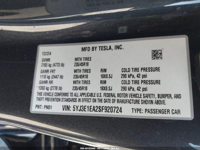 2025 TESLA MODEL 3 LONG RANGE REAR-WHEEL DRIVE/STANDARD REAR-WHEEL DRIVE 9