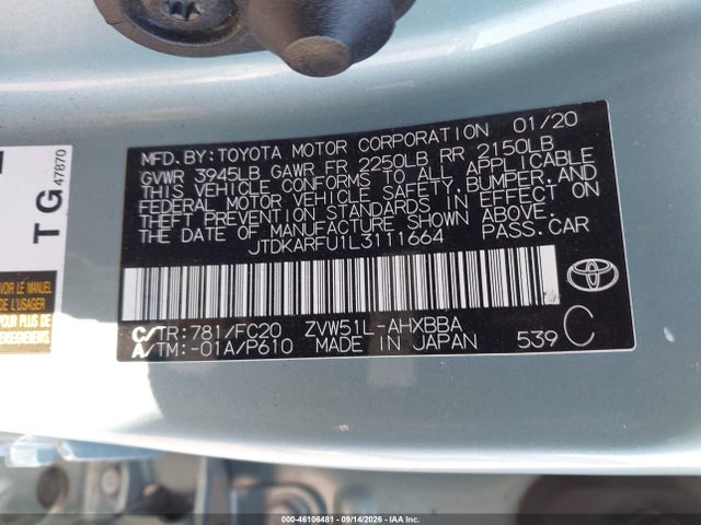 2020 TOYOTA PRIUS L ECO 9
