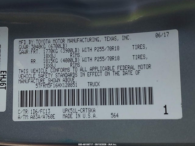 2017 TOYOTA TUNDRA SR5 4.6L V8 9