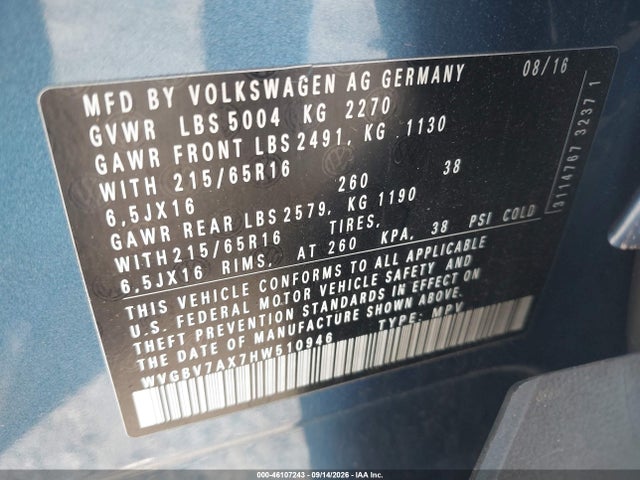 2017 VOLKSWAGEN TIGUAN 2.0T S 9
