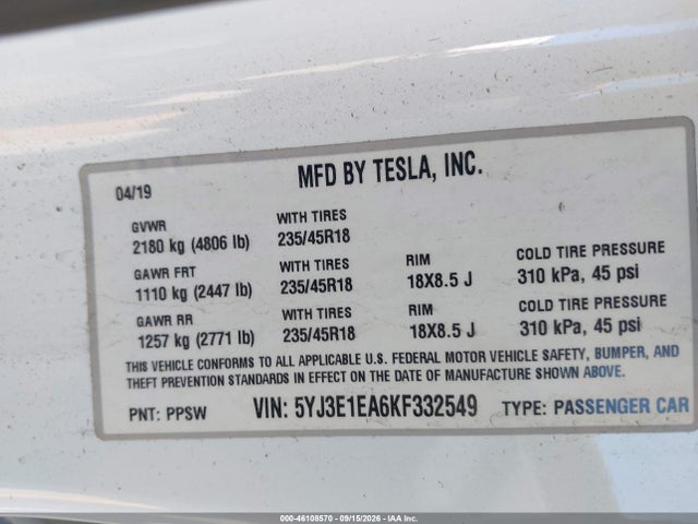 2019 TESLA MODEL 3 LONG RANGE/MID RANGE/STANDARD RANGE/STANDARD RANGE PLUS 9