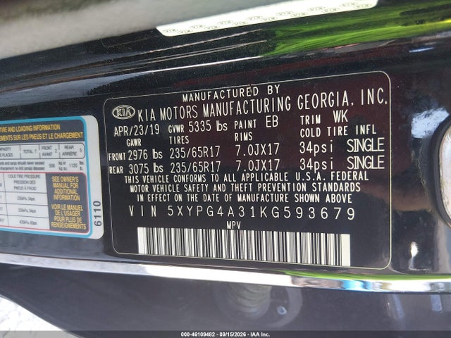 2019 KIA SORENTO 2.4L L 9
