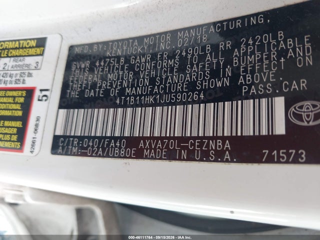 2018 TOYOTA CAMRY LE 9