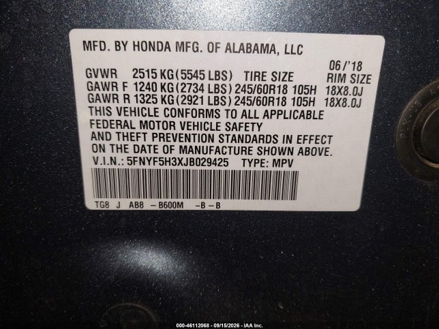 2018 HONDA PILOT EX 9
