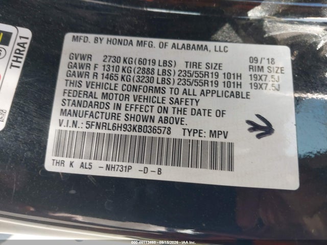 2019 HONDA ODYSSEY ELITE 9