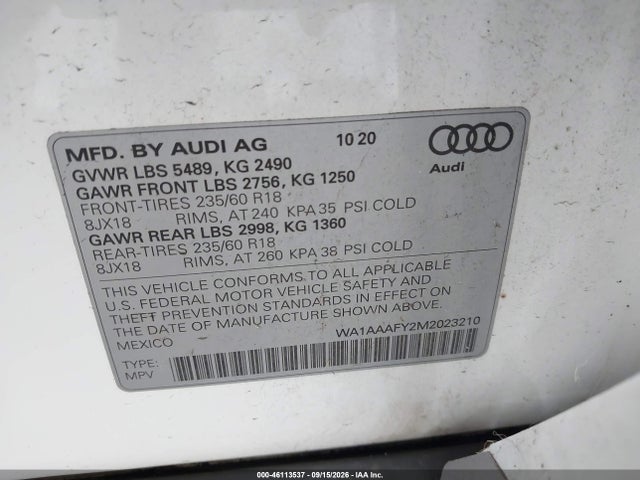 2021 AUDI Q5 PREMIUM 45 TFSI QUATTRO S TRONIC 9