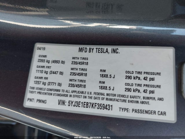 2019 TESLA MODEL 3 LONG RANGE/PERFORMANCE 9