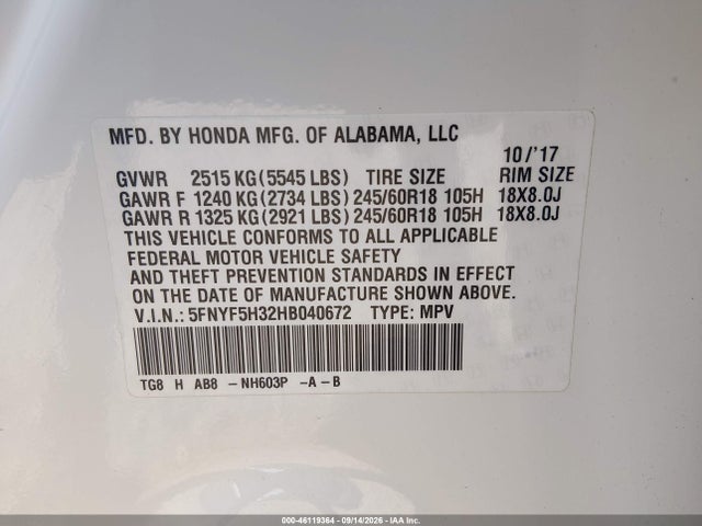 2017 HONDA PILOT EX 9
