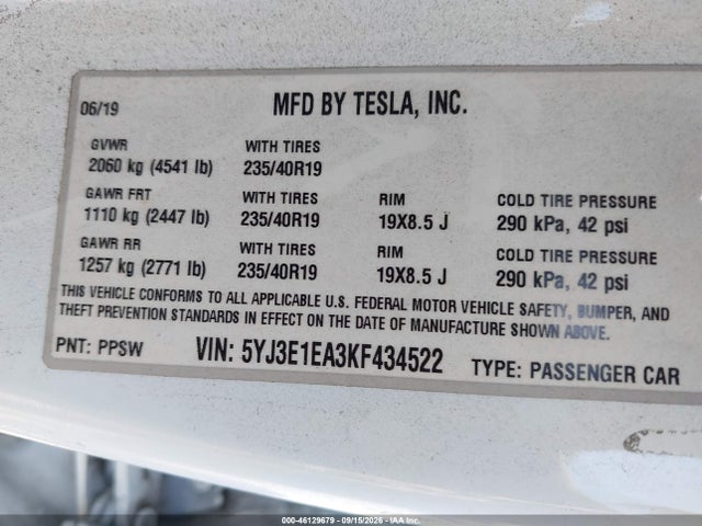 2019 TESLA MODEL 3 LONG RANGE/MID RANGE/STANDARD RANGE/STANDARD RANGE PLUS 9
