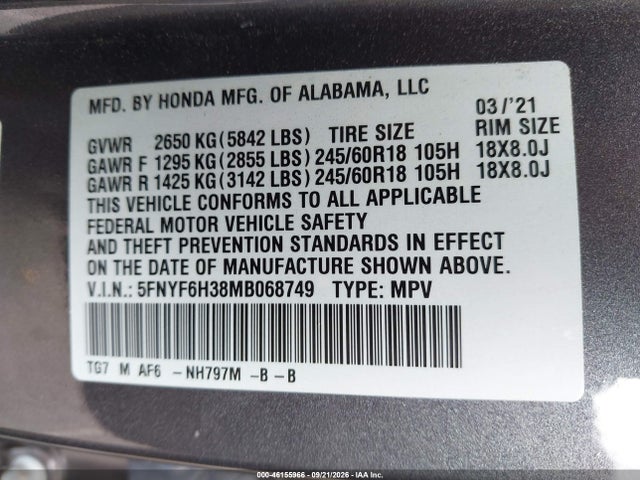 2021 HONDA PILOT EX 9