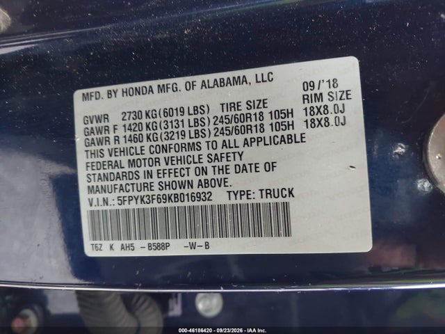 2019 HONDA RIDGELINE RTL-T 9