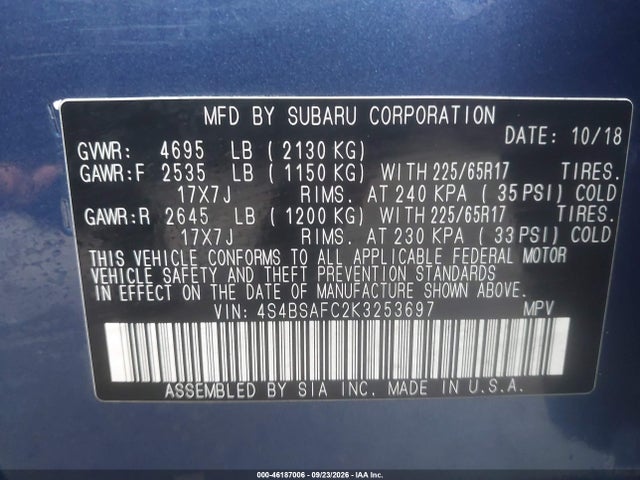 2019 SUBARU OUTBACK 2.5I PREMIUM 9