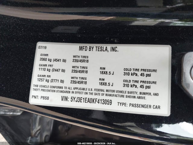 2019 TESLA MODEL 3 LONG RANGE/MID RANGE/STANDARD RANGE/STANDARD RANGE PLUS 9