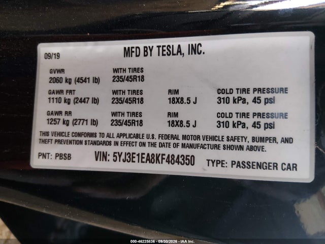 2019 TESLA MODEL 3 LONG RANGE/MID RANGE/STANDARD RANGE/STANDARD RANGE PLUS 9