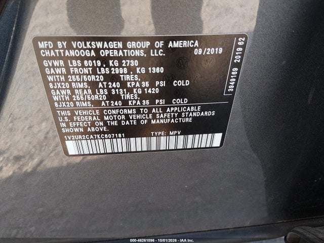 2019 VOLKSWAGEN ATLAS 3.6L V6 SE W/TECHNOLOGY 9
