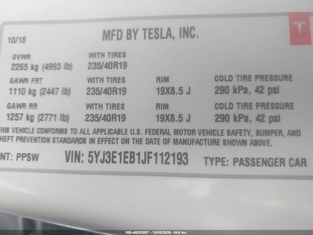 2018 TESLA MODEL 3 LONG RANGE/PERFORMANCE 9