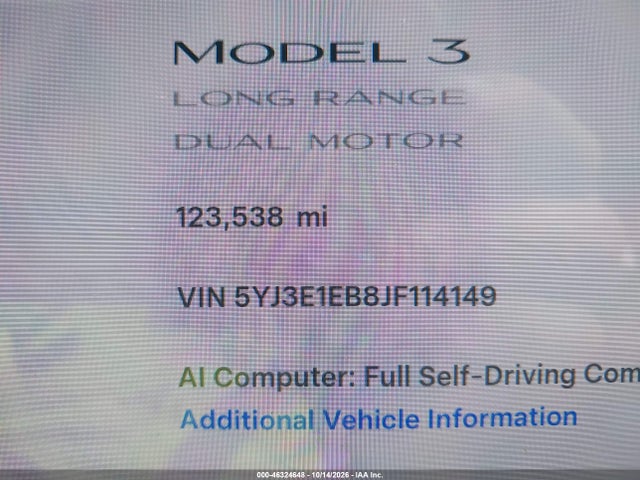 2018 TESLA MODEL 3 LONG RANGE/PERFORMANCE 15