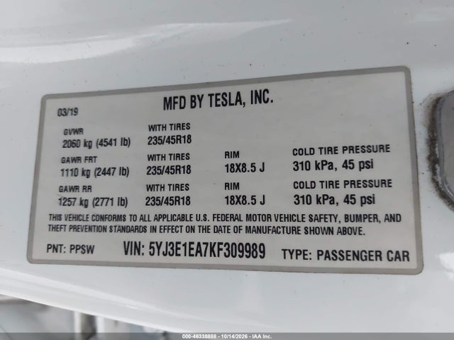 2019 TESLA MODEL 3 LONG RANGE/MID RANGE/STANDARD RANGE/STANDARD RANGE PLUS 9