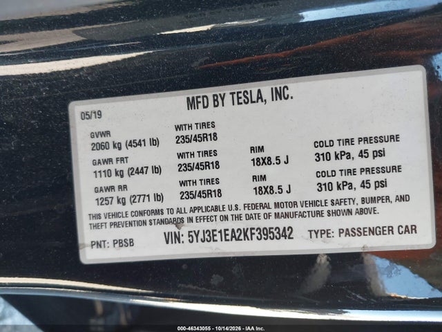 2019 TESLA MODEL 3 LONG RANGE/MID RANGE/STANDARD RANGE/STANDARD RANGE PLUS 9