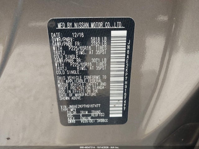 2017 NISSAN QUEST SV 9