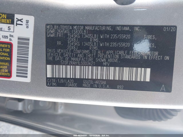 2020 TOYOTA HIGHLANDER PLATINUM 9
