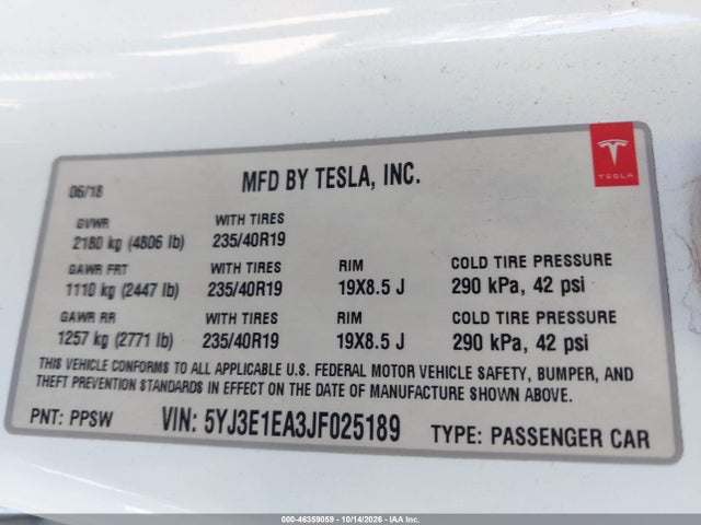 2018 TESLA MODEL 3 LONG RANGE/MID RANGE 9