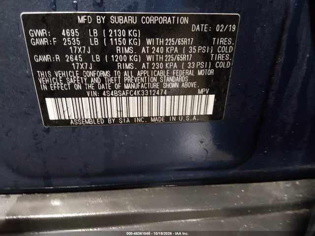 2019 SUBARU OUTBACK 2.5I PREMIUM 9