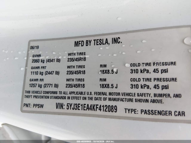 2019 TESLA MODEL 3 LONG RANGE/MID RANGE/STANDARD RANGE/STANDARD RANGE PLUS 9