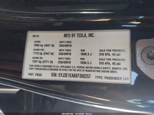 2019 TESLA MODEL 3 LONG RANGE/MID RANGE/STANDARD RANGE/STANDARD RANGE PLUS 9