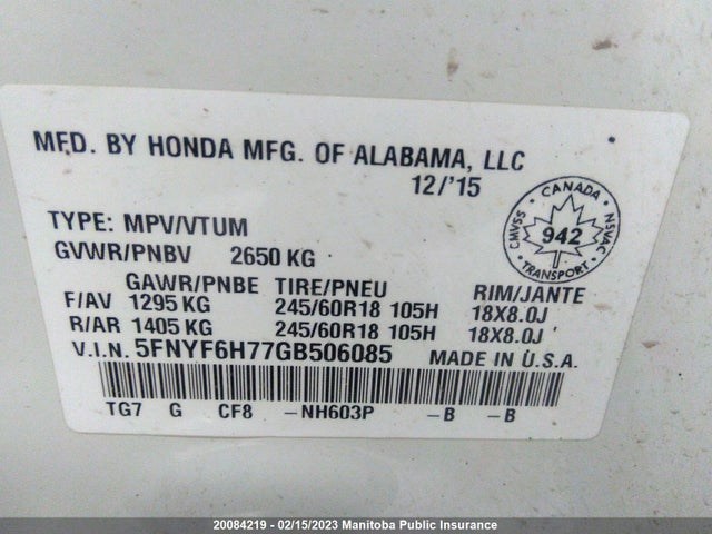 Honda Pilot Ex-l  2016 5FNYF6H77GB506085 Image 9