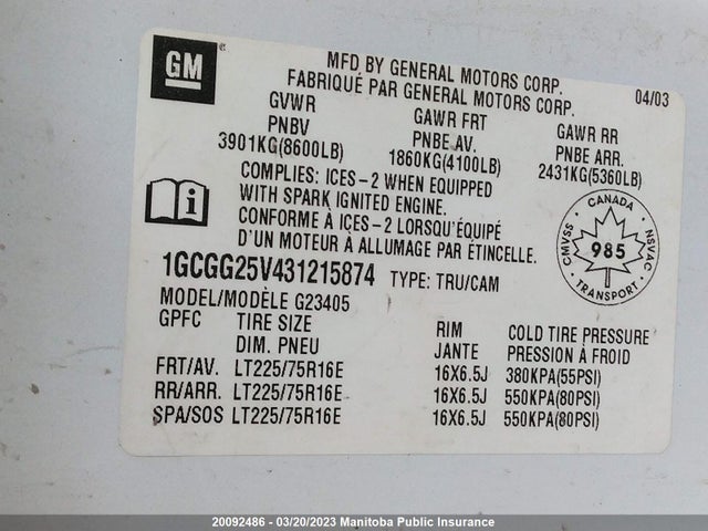 Chevrolet Express 2500 Cargo Van  2003 1GCGG25V431215874 Image 10