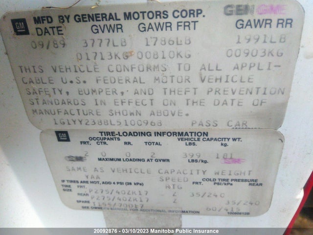 Chevrolet Corvette 1990 1G1YY2388L5100968 Image 10