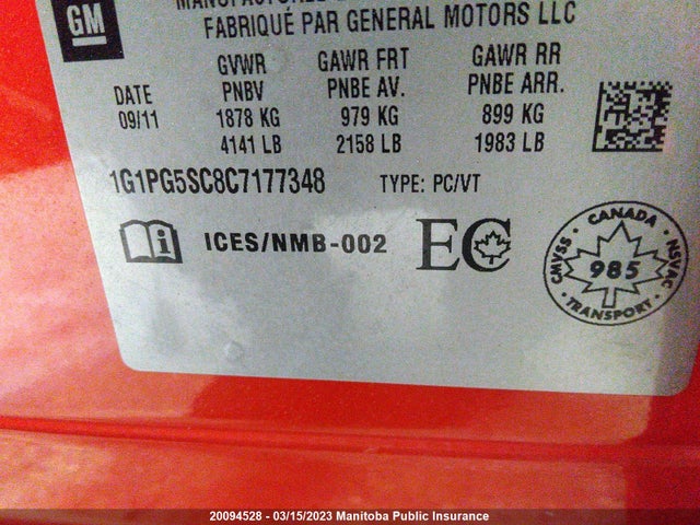 Chevrolet Cruze Lt Turbo  2012 1G1PG5SC8C7177348 Image 10