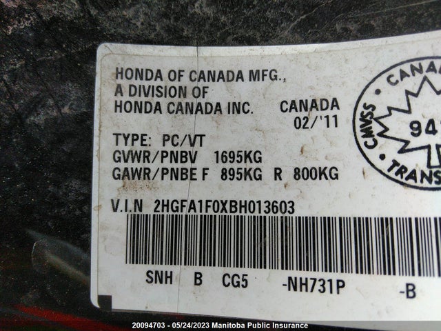 Продажа на аукционе авто 2011 Honda Civic Ex-l, vin: 2HGFA1F0XBH013603, номер лота: 20094703