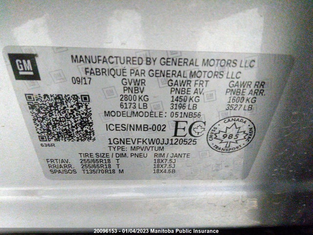 Chevrolet Traverse Lt 2018 1GNEVFKW0JJ120525 Image 9