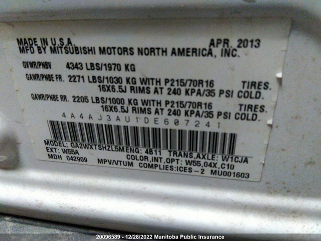 4A4AJ3AU1DE607241 Mitsubishi RVR SE