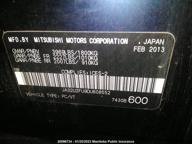 JA32U2FU9DU608552 Mitsubishi LANCER ES