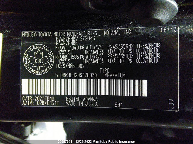 Toyota Highlander V6  2013 5TDBK3EH2DS176070 Image 9