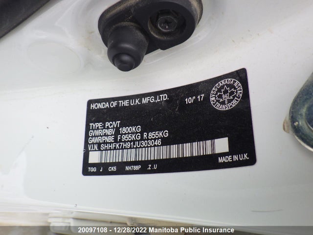 Aukcja sprzedaży 2018 Honda Civic Sport Touring, vin: SHHFK7H91JU303046, numer aukcji: 20097108