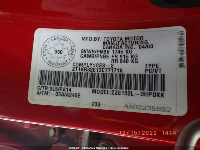 Toyota Matrix 2003 2T1KR32E13C771716 Image 9