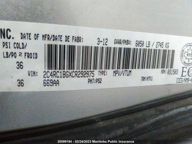 2C4RC1BGXCR292975 Chrysler Town & Country Limited