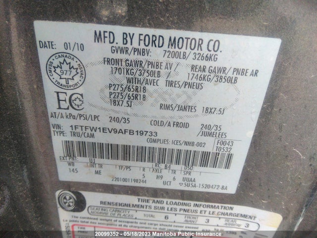 20099352 :رقم المزاد ، 1FTFW1EV9AFB19733 vin ، 2010 Ford F150 Fx4 Supercrew مزاد بيع