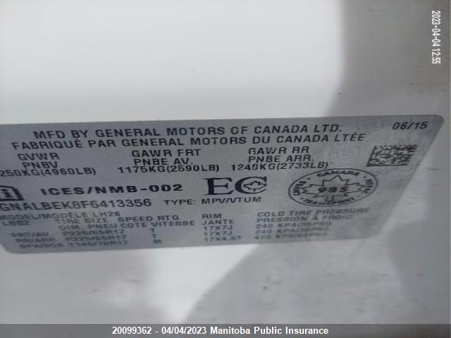 Chevrolet EQUINOX LT 2015 2GNALBEK8F6413356 Image 9