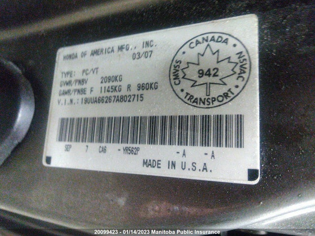 19UUA66267A802715 Acura TL