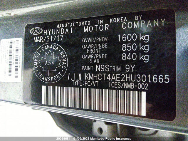 20099684 :رقم المزاد ، KMHCT4AE2HU301665 vin ، 2017 Hyundai Accent Gl مزاد بيع
