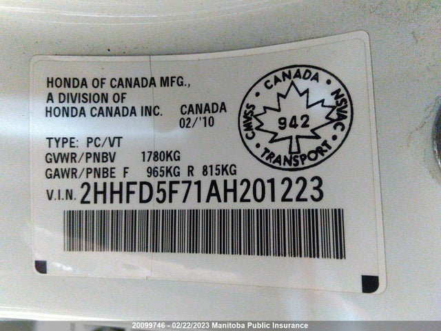 2HHFD5F71AH201223 Acura Csx Tech