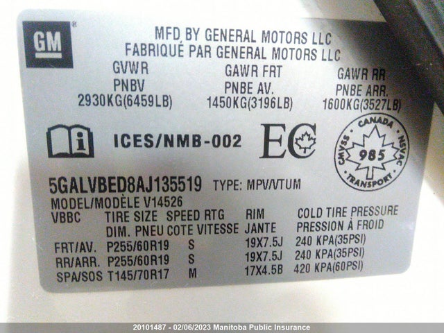 20101487 :رقم المزاد ، 5GALVBED8AJ135519 vin ، 2010 Buick Enclave Cxl مزاد بيع
